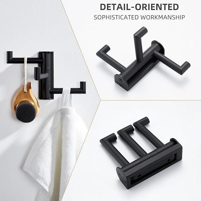 Angle Simple Swivel Towel Hook 3 Arms, SUS 304 Stainless Steel Foldable Bathroom Robe Towel Hook, Wall Coat Holder, Matte Black - ModernBath