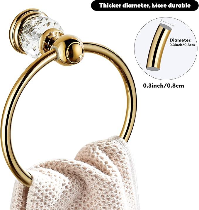 WINCASE Crystal Towel Ring, Gold Towel Holders for Bathrooms, Round Hand Towel Rack Wall Mounted Decorative - ModernBath