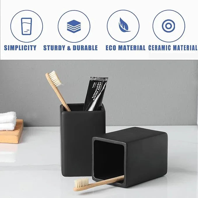 Black Square Toothbrush Holders for Bathrooms - 2 Cups Ceramic Square Toothbrush Toothpaste Holders Set, Bathroom Tumbler Cups Reusable Toothbrush Mouthwash Cup, Bathroom Counter Organizer. - ModernBath