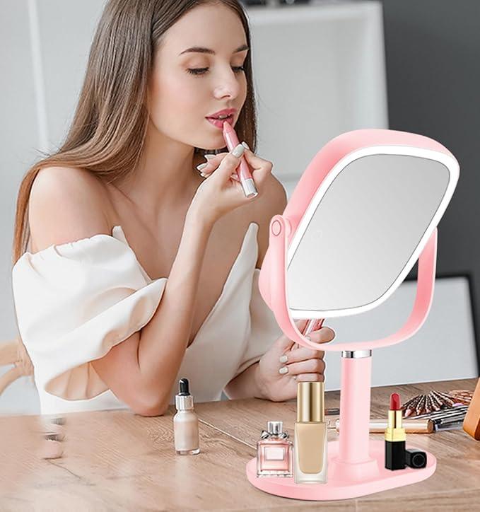 Lighted Makeup Mirror, 2600mAh Rechargeable 1x/10x Magnifying Vanity Mirror, 8.5" Height Adjustable Makeup Mirror with Lights 3 Color, 360° Rotation 2-Sided Light up Large Desk Mirror - Pink - ModernBath