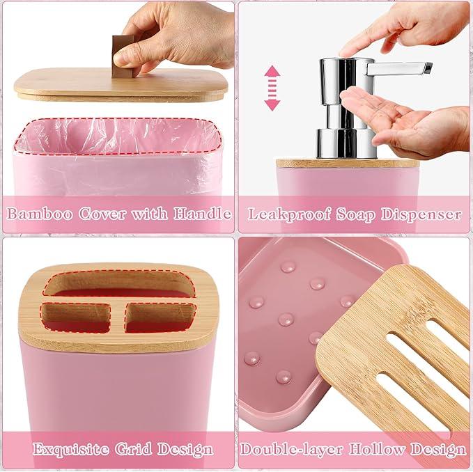 XLHOMO Bathroom Sets with Shower Curtain and Rugs, 27PCS Pink Bathroom Accessories Set with Trash Can, Pink Shower Curtain Set, No Slip Super Absorbent Bathroom Rugs - ModernBath