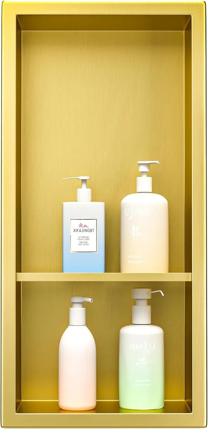 Stainless Steel Shower Niche 18"×8" Gold Double Shelf No Tiled Needed Niche Shower for Bathroom Wall Storage Recessed Bathroom Shelf - ModernBath