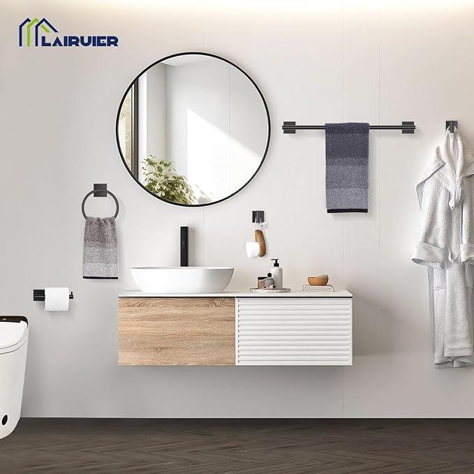 5 Pieces Bathroom Hardware Set Matte Black Towel Bar Set Includes 23.6” Towel Bar, Towel Ring Holder, Toilet Paper Holder and Two Towel Hooks, Bathroom Accessories Set SUS304 Wall Mounted - ModernBath