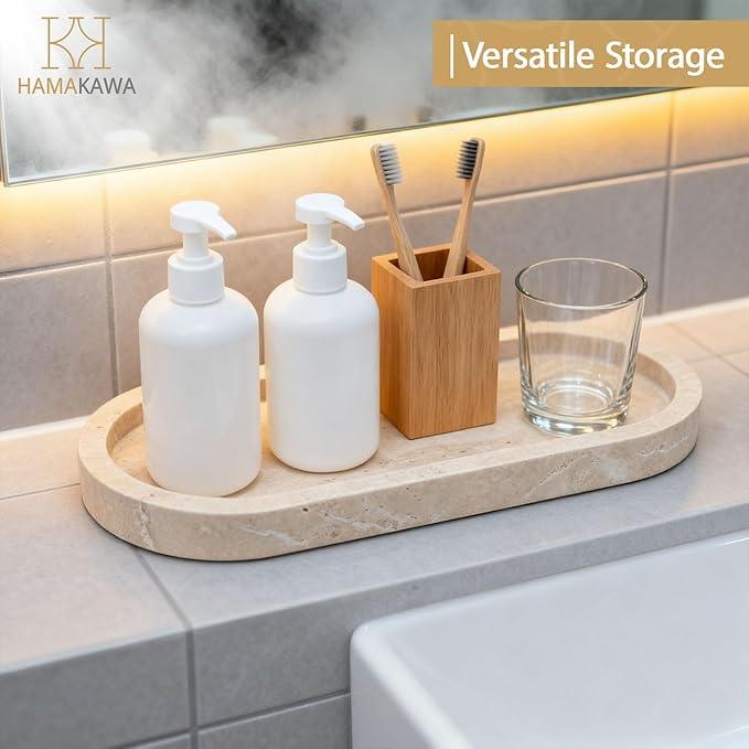 HAMAKAWA Bathroom Vanity Tray, Natural Marble Oval Sink Tray 10 inch, Beige Travertine Vanity Tray for Soap Dispenser Modern Countertop Organizer for Kitchen Countertops, Home Decor - ModernBath