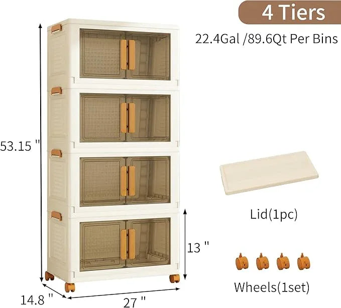 Plastic Stackable Storage Bins with Lids and Wheels, 358.4QT-89.6QT*4Tier Foldable Closet Organizers and Containers, Collapsible Clear Drawer Storage Cabinet with Doors Ivory White - ModernBath