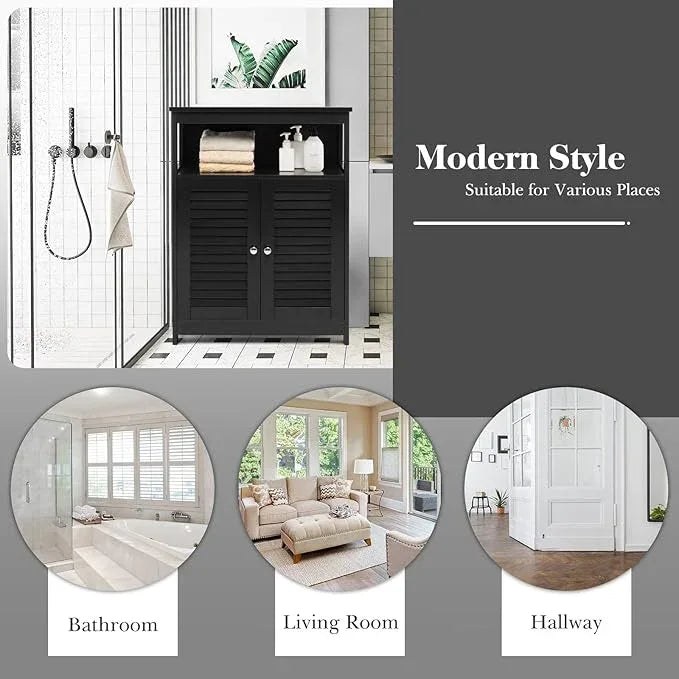 GLACER Bathroom Floor Cabinet, Wooden Storage Cabinet with Double Shutter Doors & 3-Position Adjustable Shelf, Side Storage Organizer, 23.5 x 12 x 31.5 inches (Black) - ModernBath