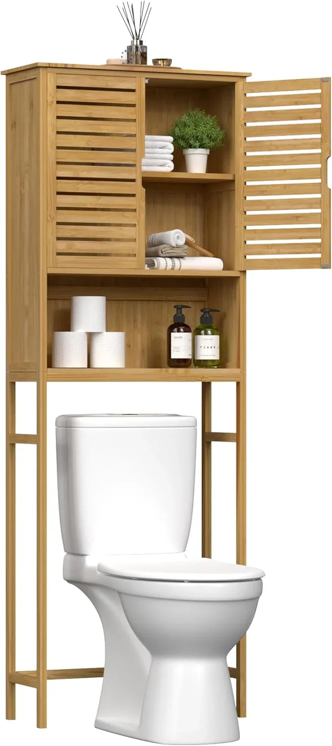VEIKOU Over The Toilet Storage Cabinet, Bamboo Over Toilet Storage with Removable Shelf, Bathroom Freestanding Over The Toilet Storage with Open Storage, Natural - ModernBath