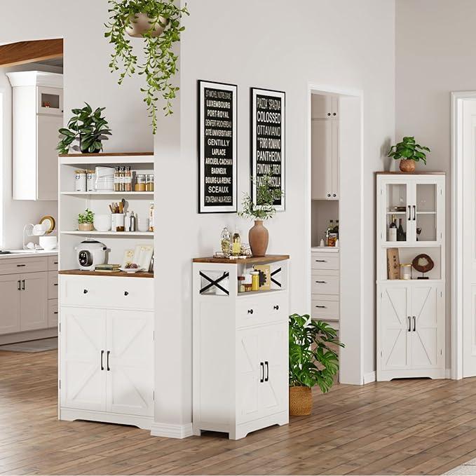 Farmhouse Storage Cabinet with Barn Doors and Shelves, Farmhouse Kitchen Pantry, Small Tall Coffee Bar Cabinet with Storage, Hutch Cupboard for Bathroom, Laundry, Living Room,White - ModernBath