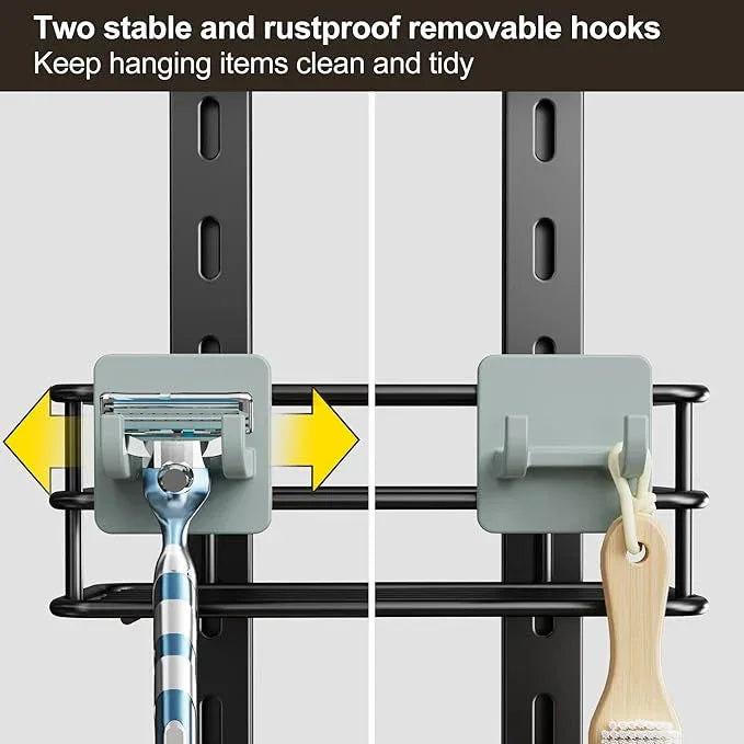 Orimade Adjustable Anti-slip Shower Caddy over Head, Rustproof Bathroom Hanging Organizer with 2 Hooks for Razor, No Drilling Shower Shelves Storage Rack 3 Tier, Black - ModernBath