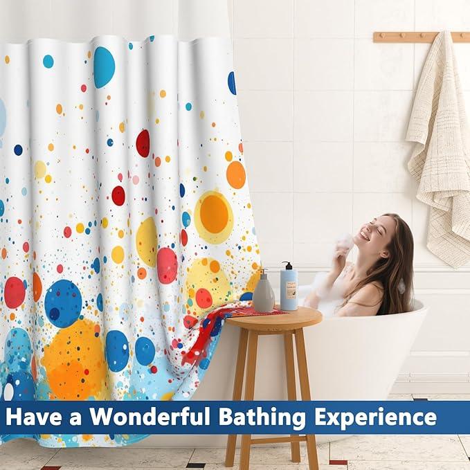 Kids Rainbow No Hook Shower Curtain and Liner Set, Abstract Colorful Cute Polka Dot Double Layers Waterproof Fabric Shower Curtain, Modern Geometric Aesthetic Decor Bathroom Curtains, 71x74 Inch - ModernBath
