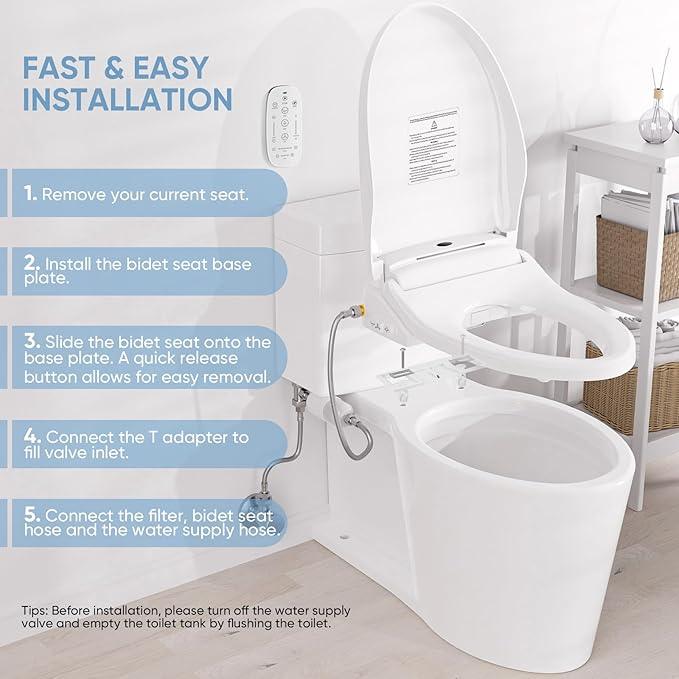 LEIVI Electric Bidet Toilet Seat with Wireless Remote and Side Panel, Multiple Spray Modes, Adjustable Heated Seat, Warm Water and Air Dryer, Auto LED Nightlight, Round - ModernBath