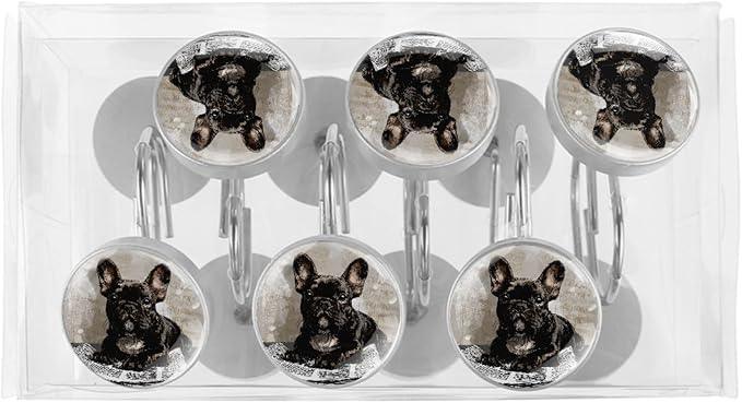 French Bulldog Dog Shower Curtain Hooks Rings, Stainless Steel Rust Proof Shower Curtain Hooks, Decorative Shower Hooks for Bathroom Shower Rods Curtains, Set of 12 - ModernBath