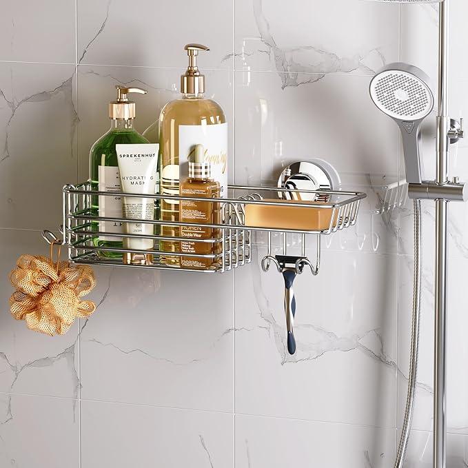 LEVERLOC Shower Caddy Suction Cup, Shelves for Inside with Hooks & Soap Holder Toothbrush Holder, NO-Drilling Bathroom Organizer, Rustproof Holder Storage, Silver - ModernBath