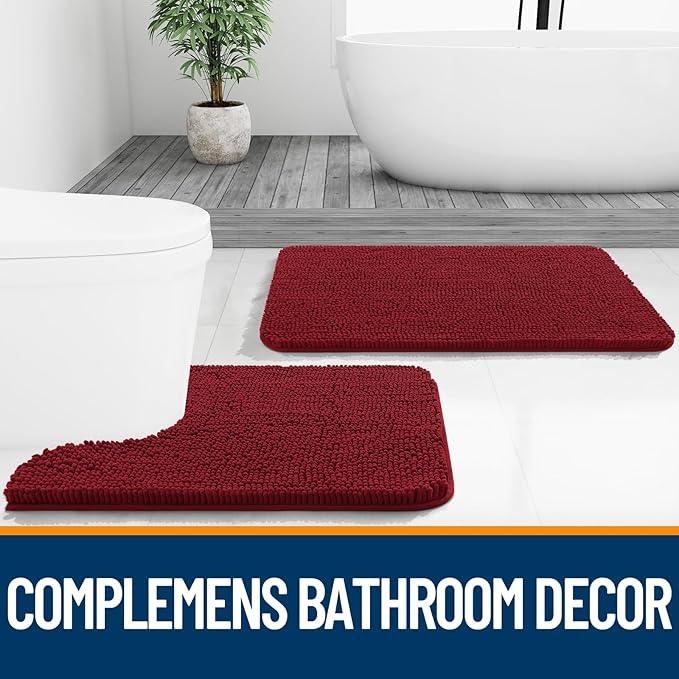 OLANLY Toilet Rugs U-Shaped 24x20, Extra Soft Absorbent Chenille Contour Bathroom Rugs for Toilet, Dry Quickly, Machine Washable, Non-Slip Bath Mat, Red - ModernBath