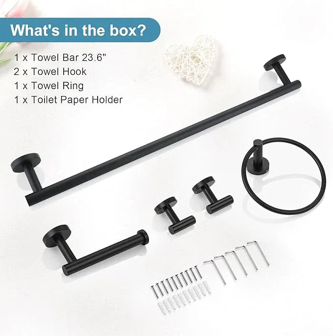 TQKAG Matte Black Bathroom Hardware Set 5 Pieces, SUS304 Stainless Steel Towel Bar Set Round Bathroom Towel Rack Set Wall Mounted - ModernBath