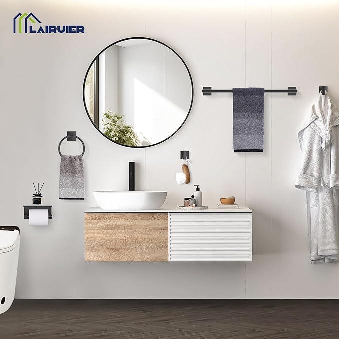 5-Piece Black Bathroom Hardware Set, SUS304 Stainless Steel Bathroom Accessories Set 23.6 inches Towel Bar, Toilet Paper Holder with Shelf, Towel Ring and Two Towel Hooks Wall-Mounted - ModernBath
