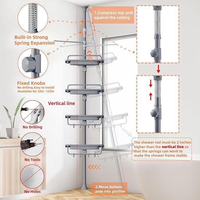 32-122inch Corner Shower Caddy Tension Pole Grey, Rustproof Drill-Free Shower Shelves for Bathroom Bathtub Washbasin, Adjustable Shower Organizer with 4 Tier Patent Stable Shelves & Towel Bars - ModernBath