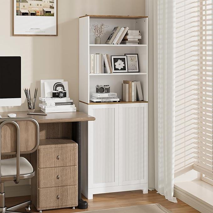 Bathroom Storage Cabinet - 66.8" Freestanding Tall Cabinet with Slatted Doors and Open Shelves, Adjustable Shelves, White Bathroom Organizer for Small Spaces, Bathroom Linen Tower with Closed Storage - ModernBath
