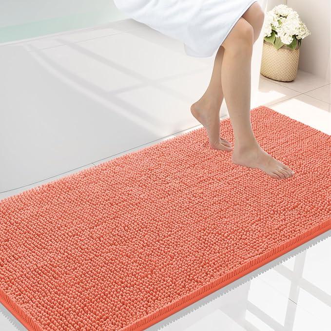 Smiry Luxury Chenille Bathroom Rugs 47x24, Extra Soft and Absorbent Shaggy Bath Mat, Machine Washable, Non-Slip Plush Carpet Runner for Tub, Shower, and Floor, Home Decor Accessories, Coral - ModernBath