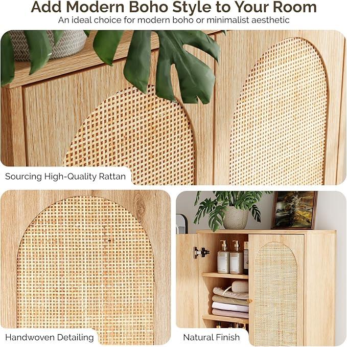 VINGLI Over The Toilet Storage Cabinet, Rattan Bathroom Organizer Behind Toilet,Above Metal Stand Rack Tall Freestanding Wood Cabinet with Wicker Doors,Adjustable Shelf for Bathroom,Restroom,Bohemian - ModernBath