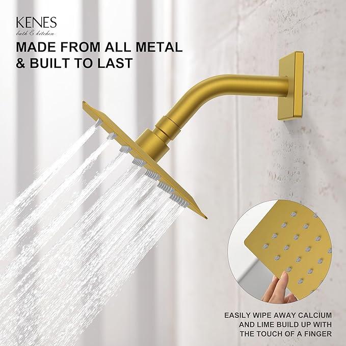 KENES Brushed Gold Tub and Shower Trim Kit, Square Tub Shower Faucet Set Complete with 6-Inch Rainfall Shower Head and Tub Spout, KE-6025A-4 (Shower Valve Included) - ModernBath