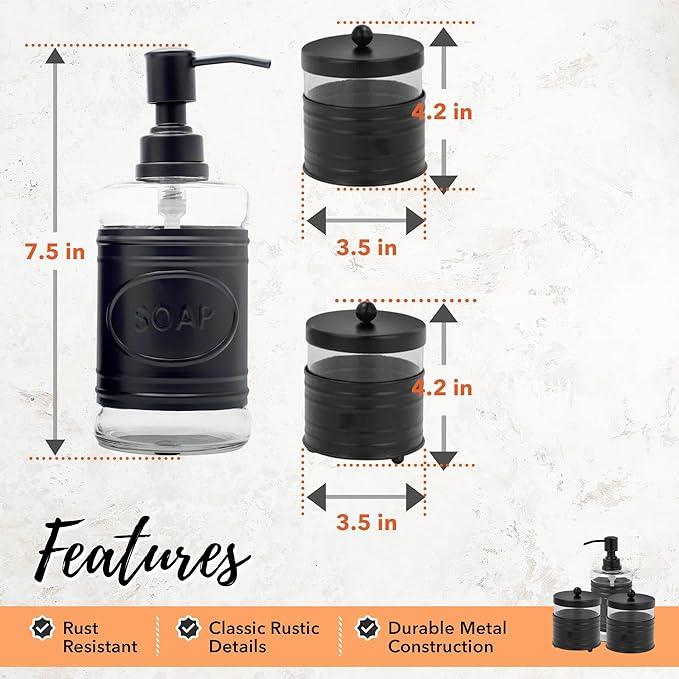 Autumn Alley Adorable 3 Piece Modern Farmhouse Bathroom Accessory Set for Sink/Vanity - Matte Black Soap Dispenser, Cotton Ball Container with Lid, Qtip Organizer – Rustic Farmhouse Bathroom Decor - ModernBath