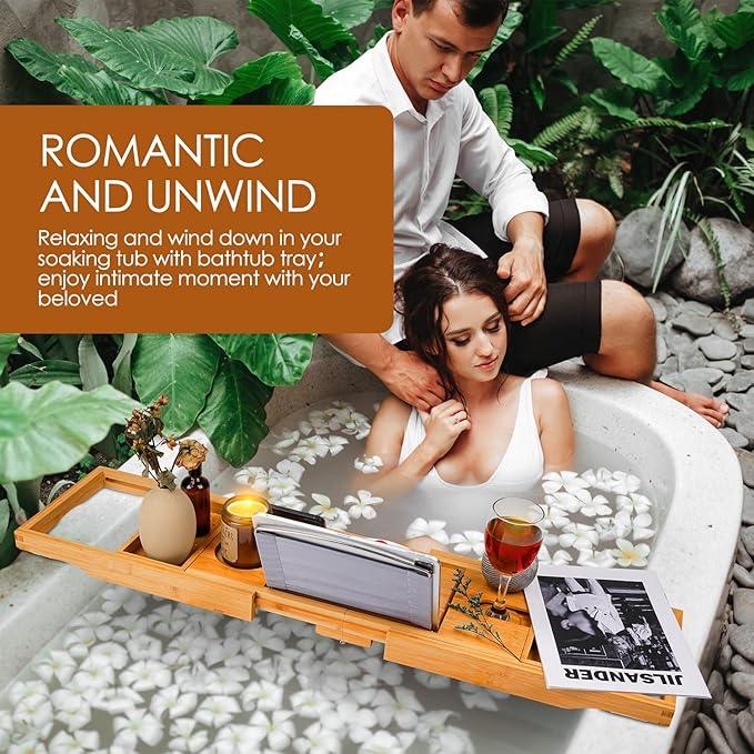 Foldable Bathtub Caddy Tray, Bamboo Bath Tub Tray Table for Tub with Wine Glass Holder Book Phone Tablet Holder with Extending Sides, Adjustable Bathroom Bathtub Free Soap Holder Gift Idea (Beige) - ModernBath