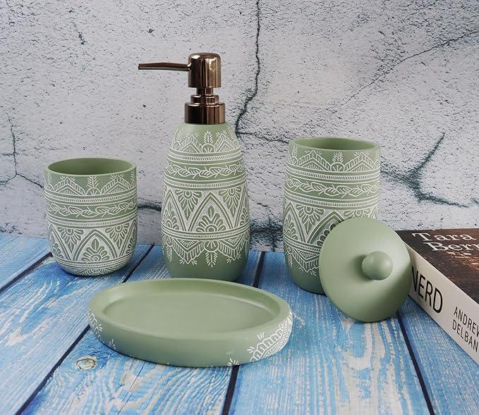Hymmah Green Bathroom Accessories Set,Farmhouse Bathroom Decor,4 Pcs Resin Gift Set Apartment Necessities, Contain Cotton Swab Jar,Soap Dispenser,Tumbler，Soap Dish/Tray - ModernBath