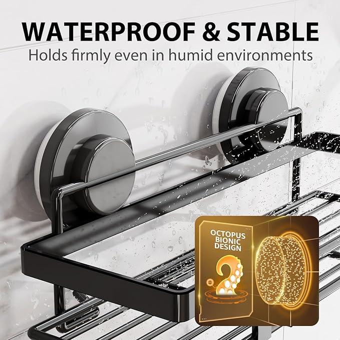 LEVERLOC Shower Caddy Suction Cup, 2 Pack Shower Shelves for Inside, Black Rustproof Metal Bathroom Storage NO-Drilling Bathroom Organizer with Large Capacity, Heavy Duty Storage Basket - ModernBath