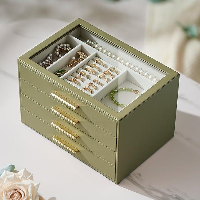 Jewelry Box Organizer Case for Women: 4-Layer Jewelry Storage Case with Glass Window, Olive Green Leather with Cream Velvet, Holder for Ring Necklace Bracelet Brooch Watch, Great Gift for Her - ModernBath