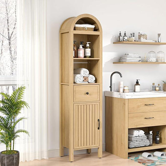 64" Tall Bathroom Storage Cabinet with Adjustable Shelves,Tall Narrow Arched Freestanding Tower Cabinet with Fluted Doors and Drawers,Space Saving Organizer for Bathroom Living Room (Oak) - ModernBath