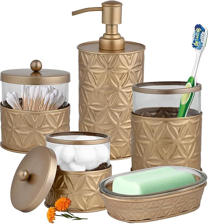 Autumn Alley Brushed Gold Bathroom Accessories Set, 5 Piece Champagne Gold Modern Bathroom Decor - Soap Dispenser, Toothbrush Holder, 2 Apothecary Jars, Soap Holder, Farmhouse Bathroom Décor - ModernBath