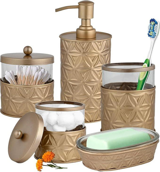 Autumn Alley Brushed Gold Bathroom Accessories Set, 5 Piece Champagne Gold Modern Bathroom Decor - Soap Dispenser, Toothbrush Holder, 2 Apothecary Jars, Soap Holder, Farmhouse Bathroom Décor - ModernBath
