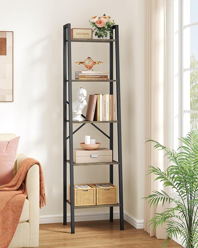 Hoctieon 5-Tier Industrial Ladder Bookshelf, Narrow Ladder Shelf, Tall Standing Bookshelf, Skinny Open Ladder Shelf, for Living Room, Home Office, Kitchen, Bedroom, Metal Frame, Greige - ModernBath