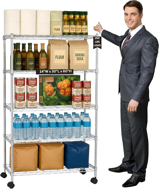 Displays By Jack 5 Tier Heavy Duty Wire Shelving Unit Storage Rack for Products Plant Pantry, Garage, Laundry Racks Durable Shelf Organizer Shelves Stand 14" W x 30" L x 60" H, Chrome