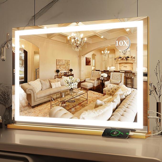 ROLOVE Vanity Mirror with Lights, 32" x 22" Large Lighted Vanity Mirror with Dimmable 3 Modes, LED Makeup Mirror, 10X Magnification, USB Charging Port, Tabletop or Wall-Mounted Square Gold - ModernBath