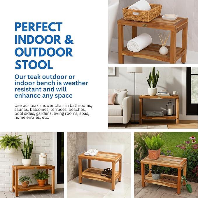 EcoDecors Eleganto 24 Inch Natural Color Waterproof Teak Wood Shower Bench Stool Seat Chair For Inside Shower Provides Safety, Storage, and Organization For Bathroom Accessories - ModernBath