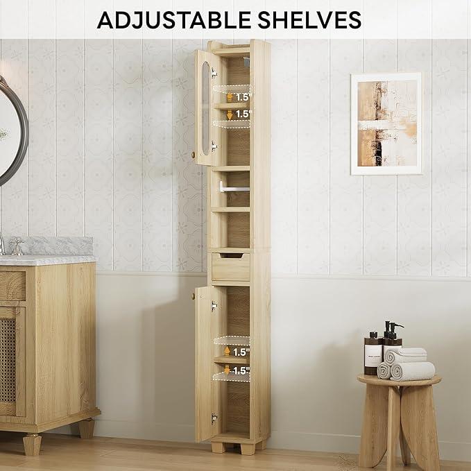 LIKIMIO 69" H Tall Bathroom Storage Cabinet with 2 Doors & 1 Drawer, Narrow Adjustable Shelves & Pull-Out Tissue Holder, Slim Freestanding Cabinet for Small Spaces, Kitchen, Entryway, Rustic White - ModernBath