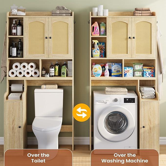 Itaar Over The Toilet Storage Cabinet, Farmhouse Rattan Bathroom Cabinet, Over Toilet Bathroom Organizer with Rattan Barn Doors & Toilet Paper Holder Stand, for Restroom, Laundry - ModernBath
