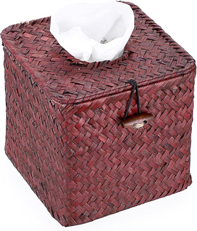 Sumnacon Tissue Box Cover Square Seagrass Tissue Box with Lid, Woven Tissue Box Holder Rustic Cube Tissue Cover for Bathroom Toilet Bedroom Living Room Kitchen Table Desk Office Car, Red Brown - ModernBath