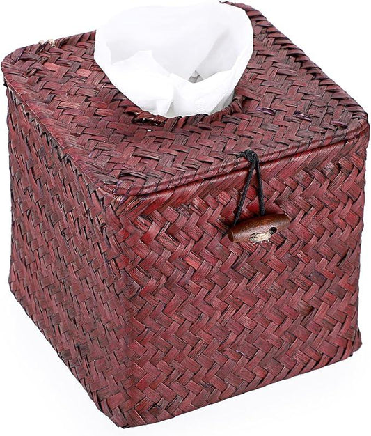 Sumnacon Tissue Box Cover Square Seagrass Tissue Box with Lid, Woven Tissue Box Holder Rustic Cube Tissue Cover for Bathroom Toilet Bedroom Living Room Kitchen Table Desk Office Car, Red Brown - ModernBath