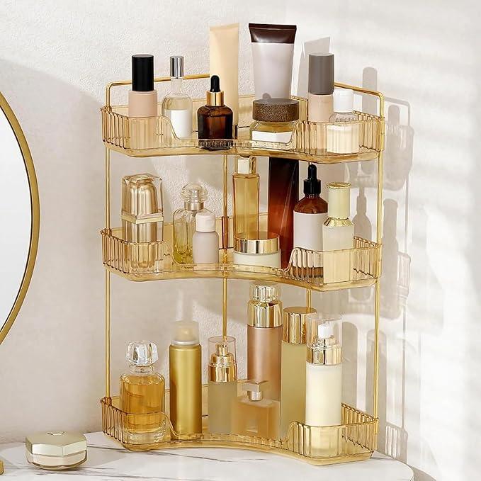 INVSSENE Corner Bathroom Countertop Organizer, Vanity Organizer Trays for Counter, Makeup Organizers, Perfume Tray, Skincare Shelf Storage Gifts for Women Girl Student (Yellow, 3 Tiers) - ModernBath