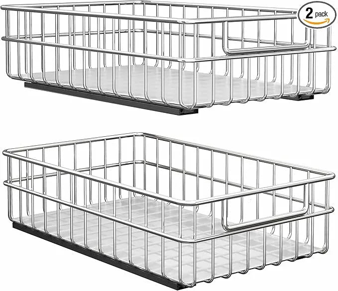 Pull out Cabinet Organizer, Stainless Steel 2-Pack Slide out Drawer with Silent Full-Extension Slides, Adhesive Roll out Can Spice Storage Basket Shelf Rack for Pantry, Kitchen, Bathroom, Home Closet - ModernBath