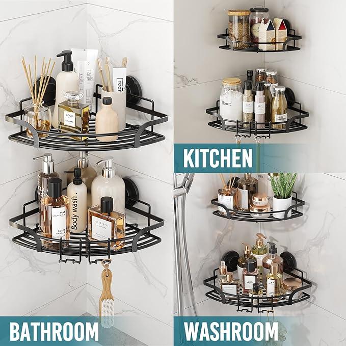 TAILI Powerful Suction Cup Corner Shower Caddy 2 Pack, Stainless Steel Rustproof Shower Shelf with Hook, Drill-free Wall Mounted Basket, Large Capacity Removable Suction Cup Bathroom Organizer, Black - ModernBath