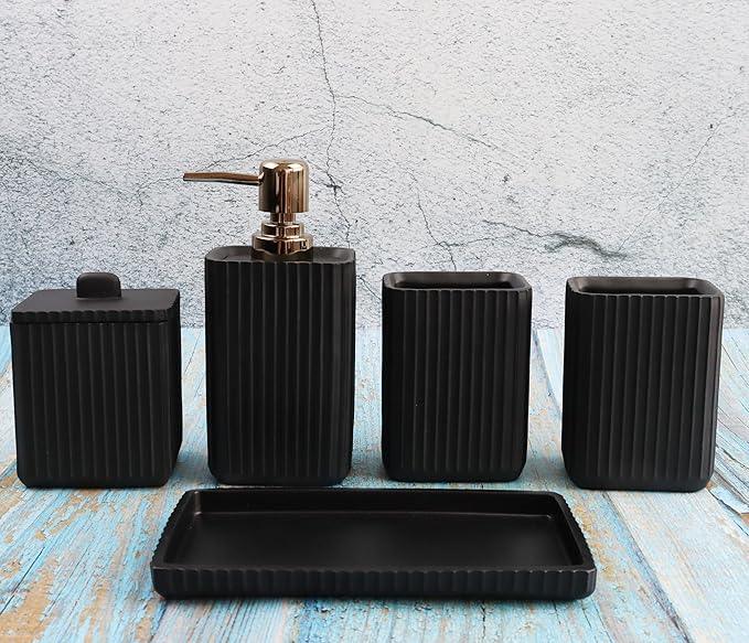 Hymmah Black Bathroom Accessories Set,Unique Design Bathroom Set 5 Pcs Resin Gift Set Apartment Necessities, Contain Cotton Swab Jar,Soap Dispenser,Soap Dish/Tray,Tumbler - ModernBath