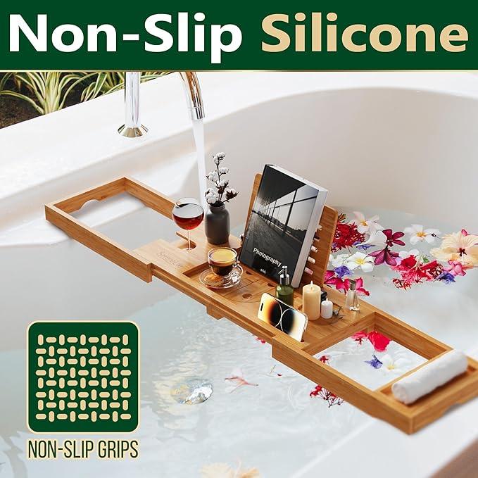 SereneLife Premium Bathtub Tray Caddy with Gift Box and Bow Set, Expandable Bath Tray, Unique House Warming Gifts for Mom, Women, Wedding, Anniversary, Bridal Shower, Fit for All Tub - Classic - ModernBath