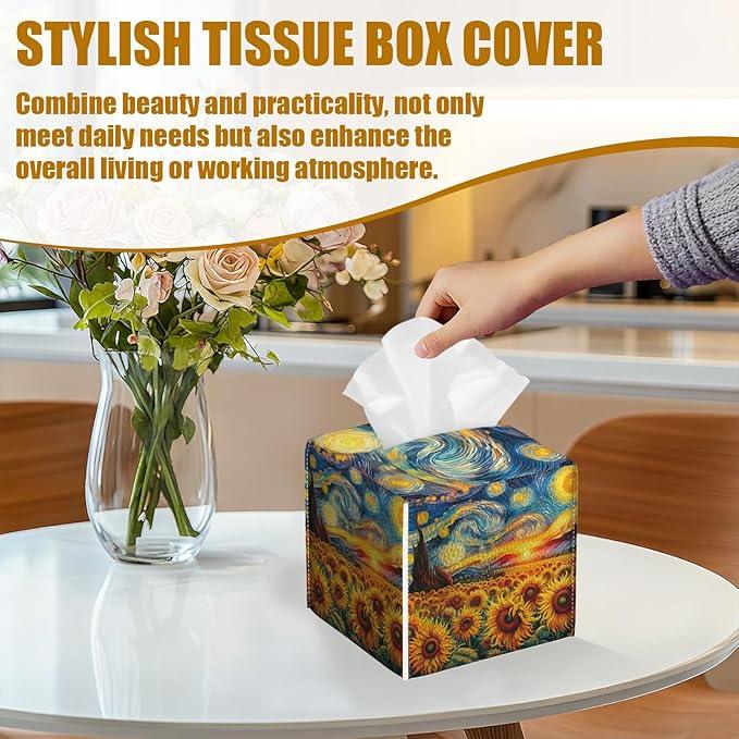 Starry Night Sunflower Tissue Box Cover 2PCS, Leather Tissue Box Holder Square Facial Paper Case Tissue Box Cube Organizer for Bathroom Bedroom Desk Office - ModernBath