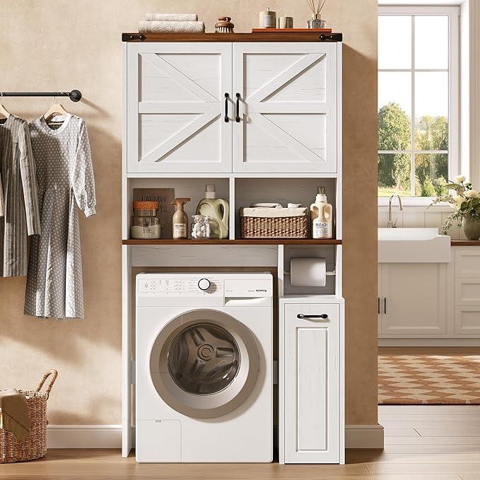 Farmhouse Over The Toilet Storage Cabinet with Pulley Small Bathroom Storage Cabinet, Space Saver W/Adjustable Shelf & Open Shelf for Bathroom, Restroom, Laundry (White Brown-Type B) - ModernBath