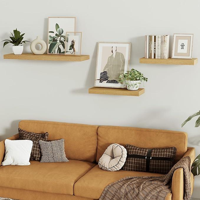 Vivelove Floating Shelves for Wall Mounted, 16 inchs Shelf for Small Bathroom, Bedroom, Living Room, Kitchen, Modern Home Decor, Rustic Farmhouse Wall Shelves with Invisible Brackets - Set of 2, Oak - ModernBath