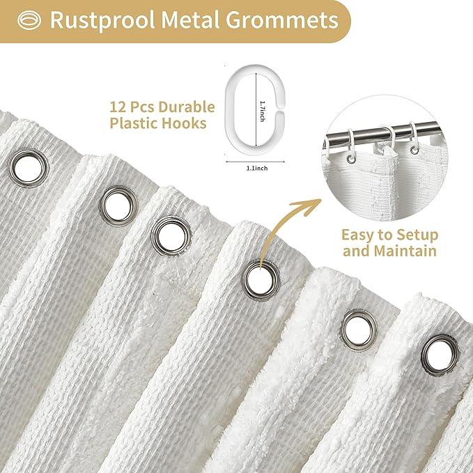 Lameirose White Shower Curtain Boho, Textured Shower Curtain Cotton Blend Waffle Weave Stripe Fabric Shower Curtains for Bathroom, Hotel, Washable, 72 x 72 - ModernBath